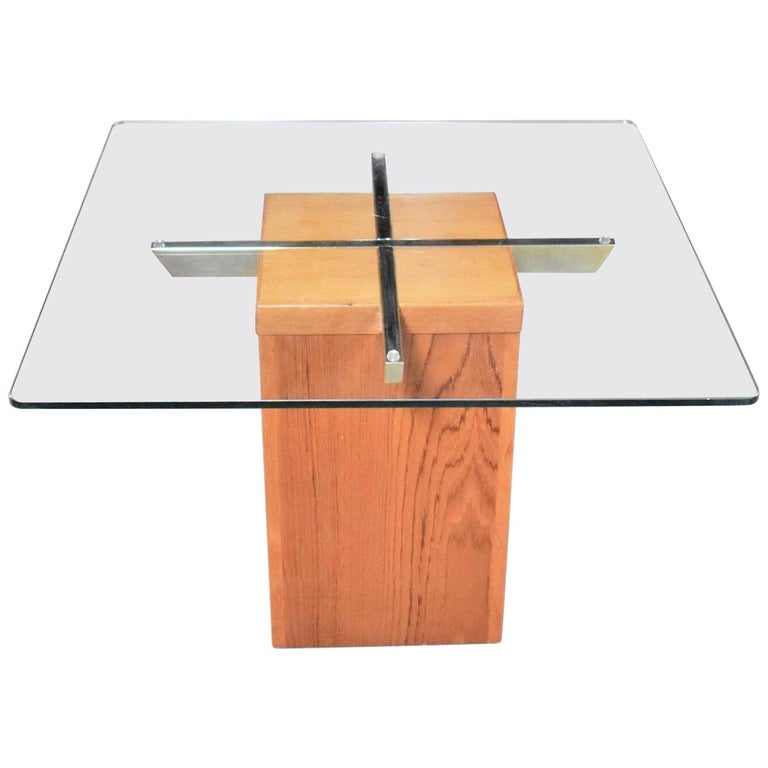 Midcentury Scandinavian Modern Square Teak Chrome and Glass Side Table For Sale