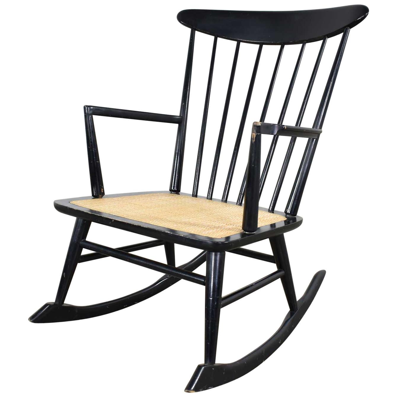 Midcentury Scandinavian Modern Style Spindle Back Rocking Chair Black with Cane