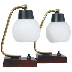 Midcentury Scandinavian Modern Teak and Opal Table Lamps, Set of 2