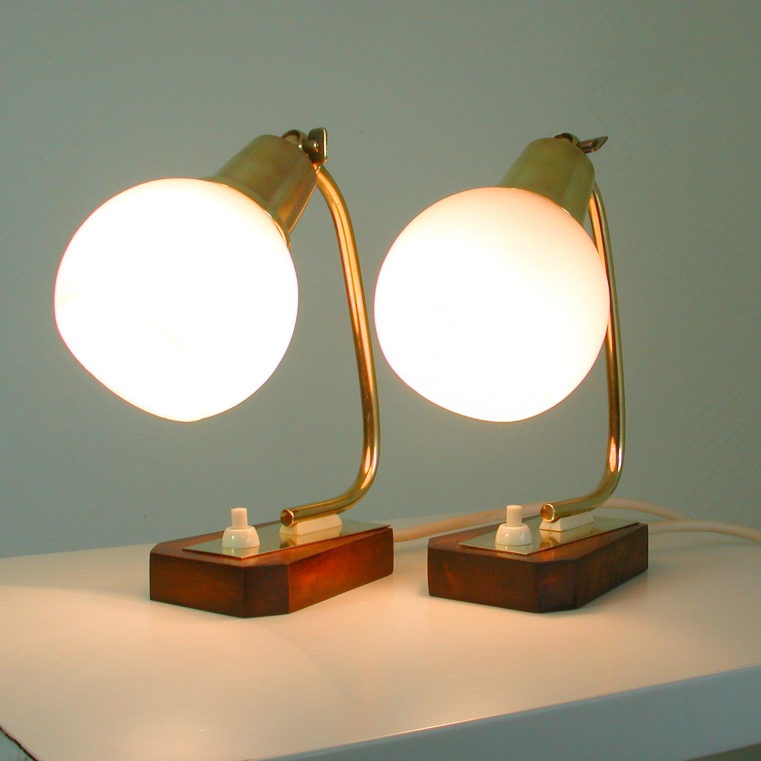 Midcentury Scandinavian Modern Teak Brass and Opal Table Lamps, Set of 2 4