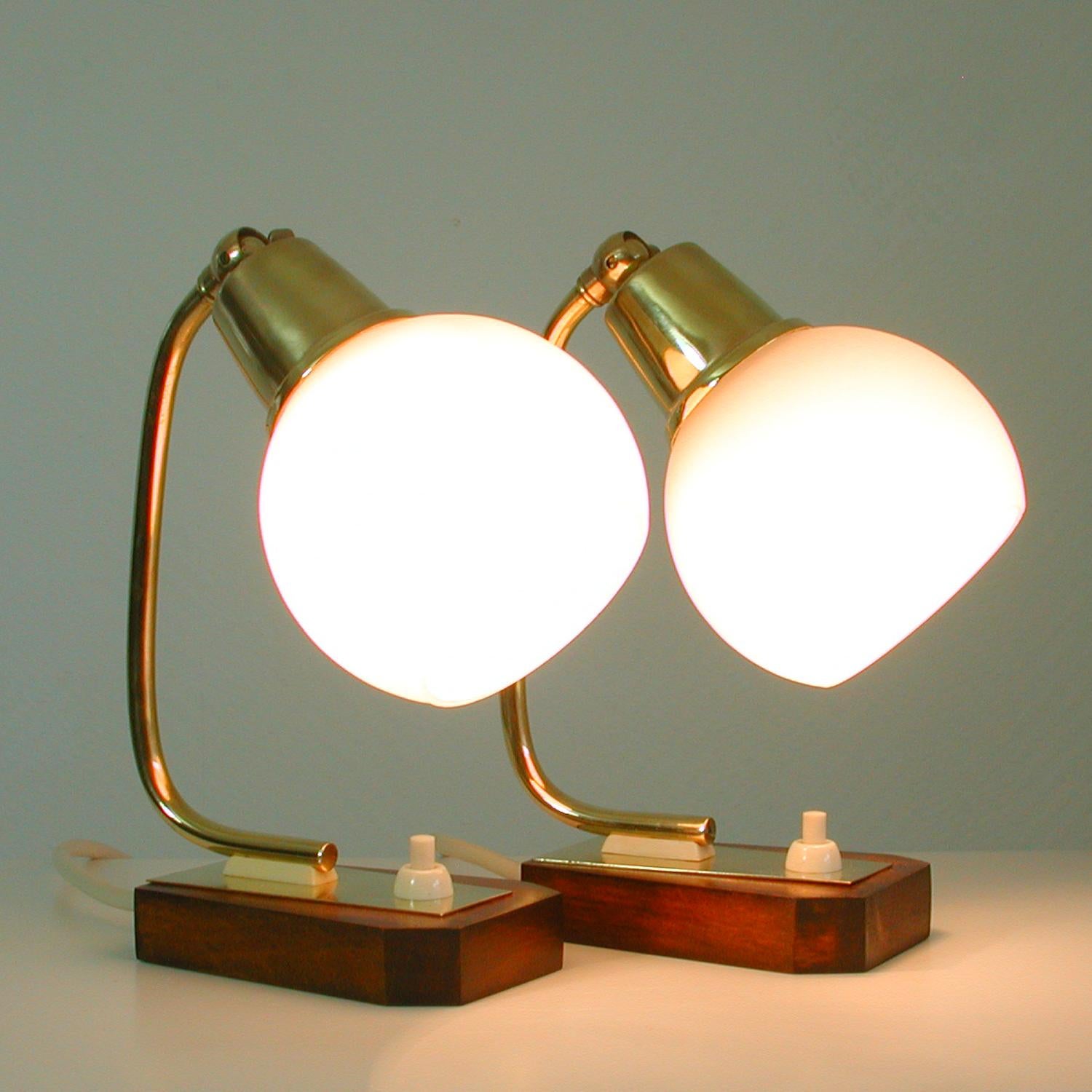 Midcentury Scandinavian Modern Teak Brass and Opal Table Lamps, Set of 2 5