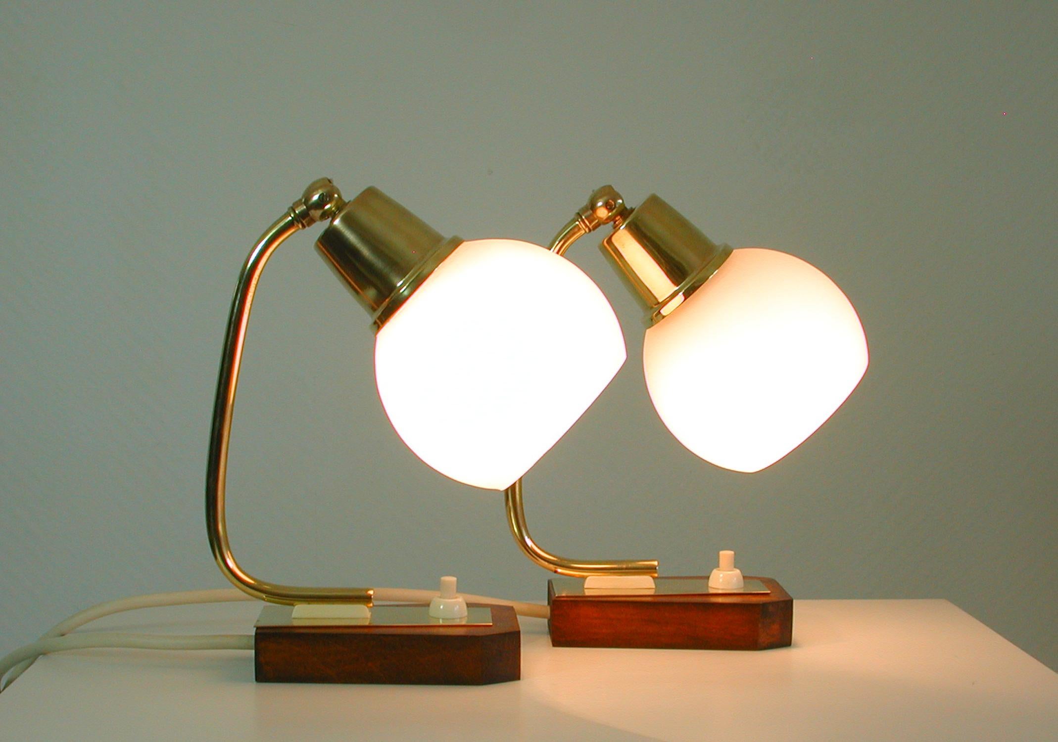 Midcentury Scandinavian Modern Teak Brass and Opal Table Lamps, Set of 2 6