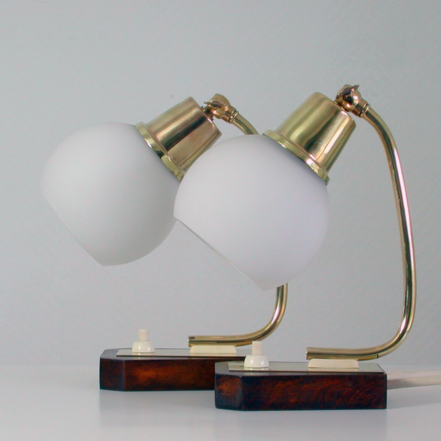 Midcentury Scandinavian Modern Teak Brass and Opal Table Lamps, Set of 2 7
