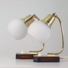 Midcentury Scandinavian Modern Teak Brass and Opal Table Lamps, Set of 2
