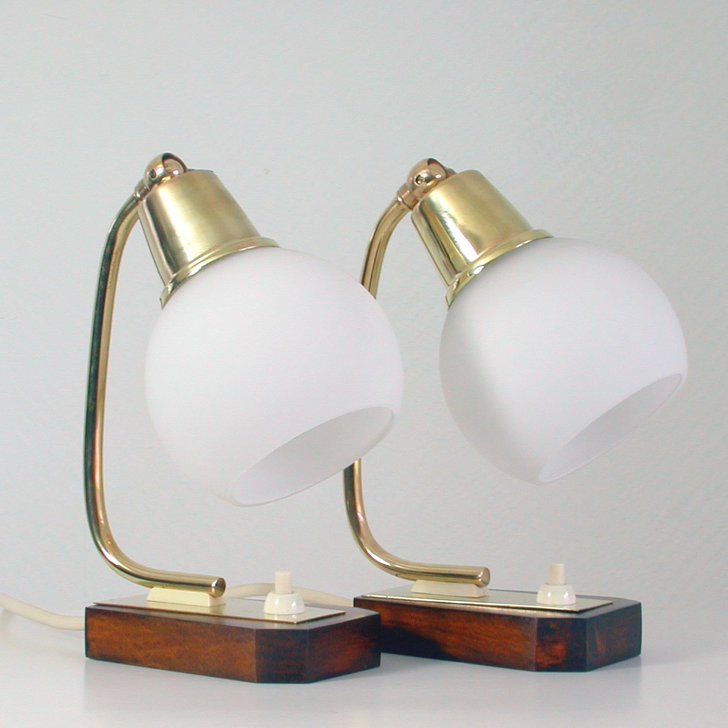 Mid-Century Modern Midcentury Scandinavian Modern Teak Brass and Opal Table Lamps, Set of 2