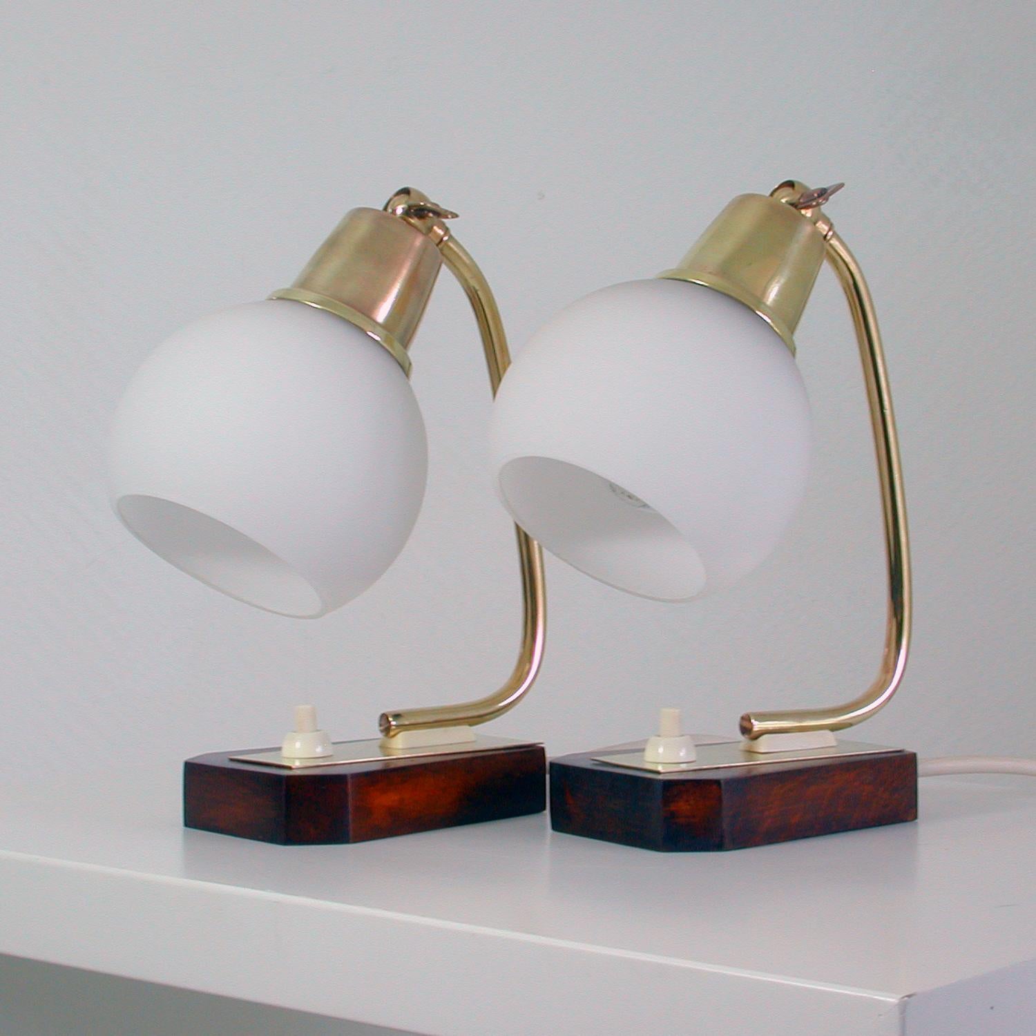 Danish Midcentury Scandinavian Modern Teak Brass and Opal Table Lamps, Set of 2