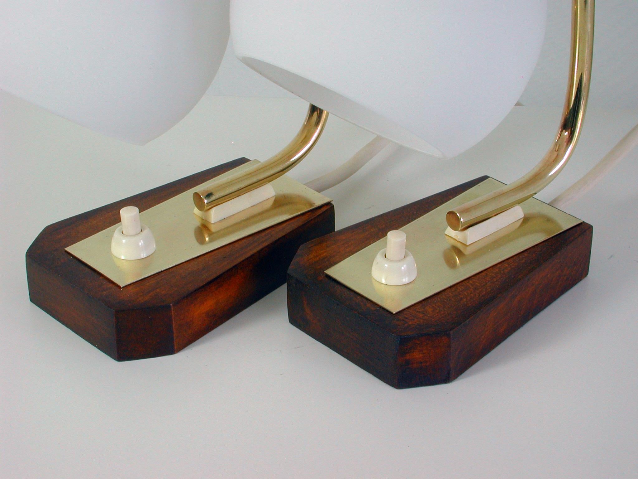 Mid-20th Century Midcentury Scandinavian Modern Teak Brass and Opal Table Lamps, Set of 2