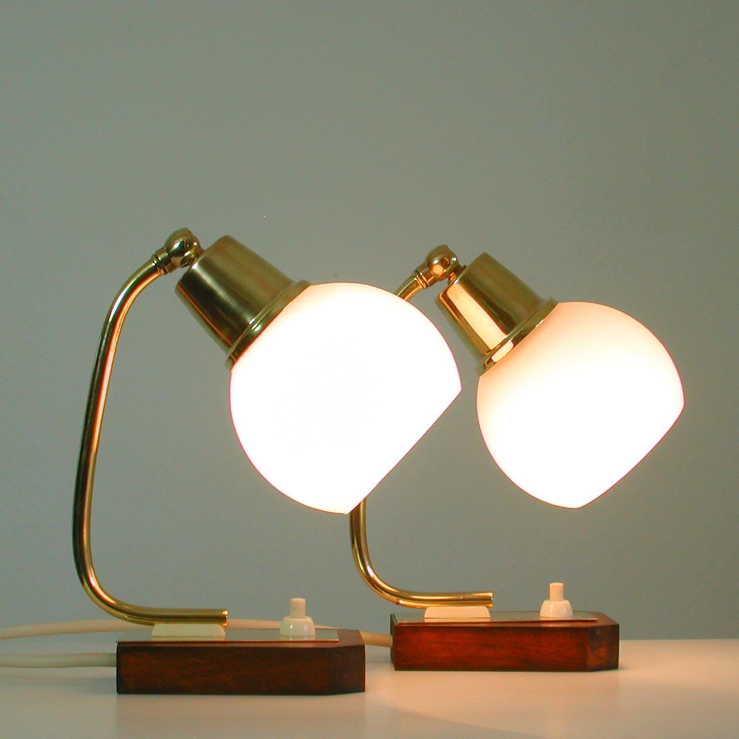 Midcentury Scandinavian Modern Teak Brass and Opal Table Lamps, Set of 2 3