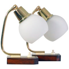 Midcentury Scandinavian Modern Teak Brass and Opal Table Lamps, Set of 2