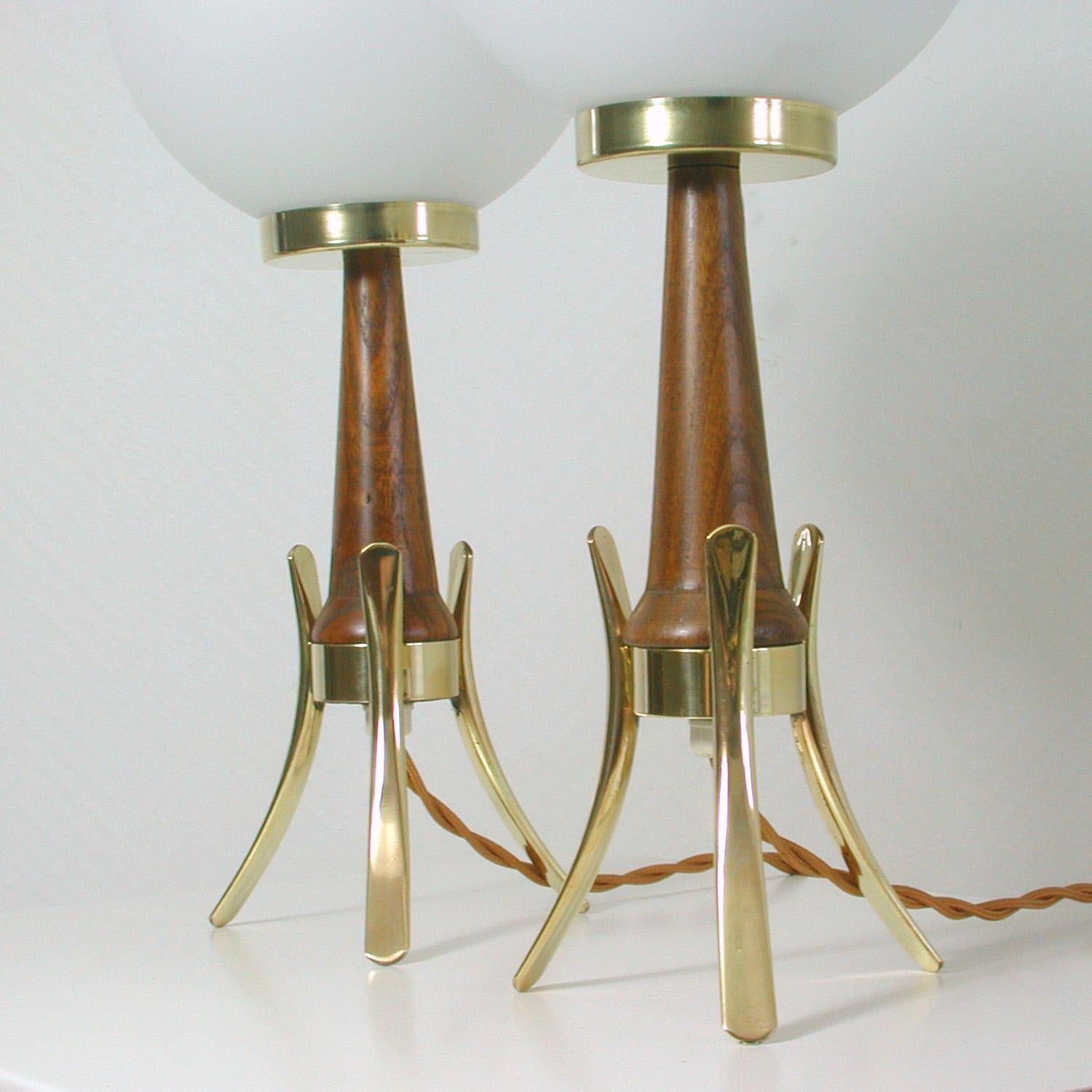 Midcentury Scandinavian Modern Teak, Brass and Opaline Table Lamps, Set of 2 4