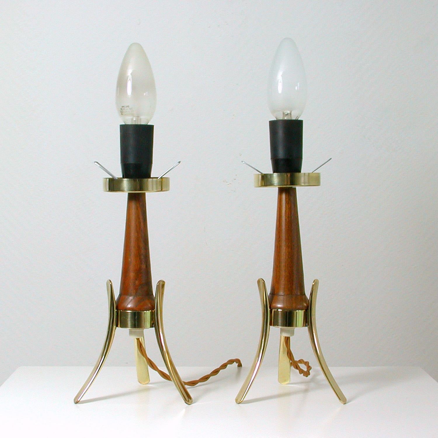 Midcentury Scandinavian Modern Teak, Brass and Opaline Table Lamps, Set of 2 5