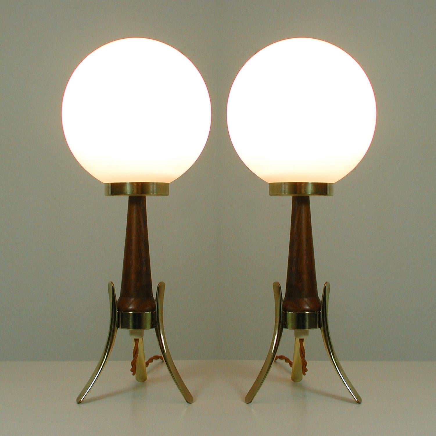 Midcentury Scandinavian Modern Teak, Brass and Opaline Table Lamps, Set of 2 6