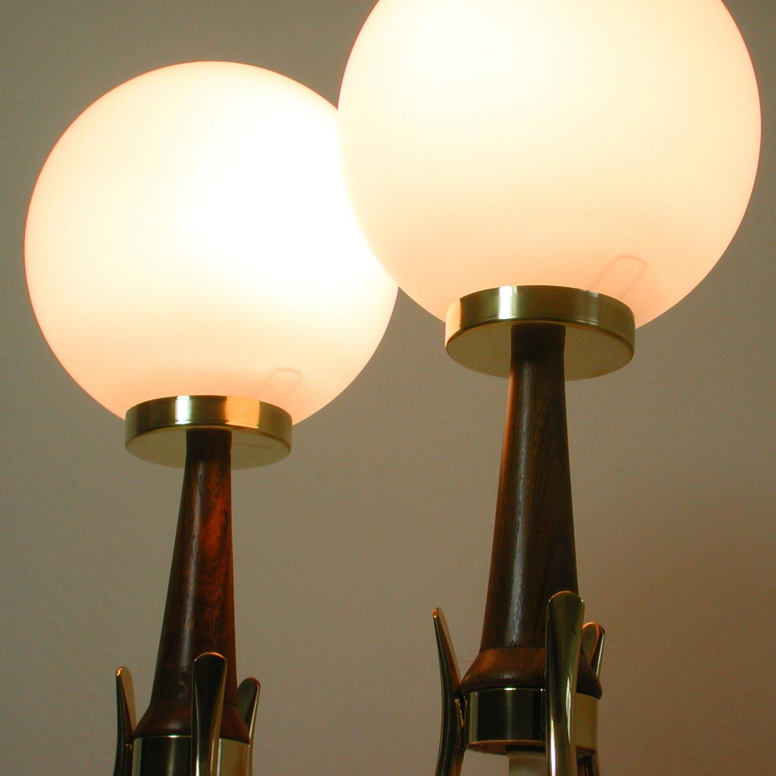 Midcentury Scandinavian Modern Teak, Brass and Opaline Table Lamps, Set of 2 7