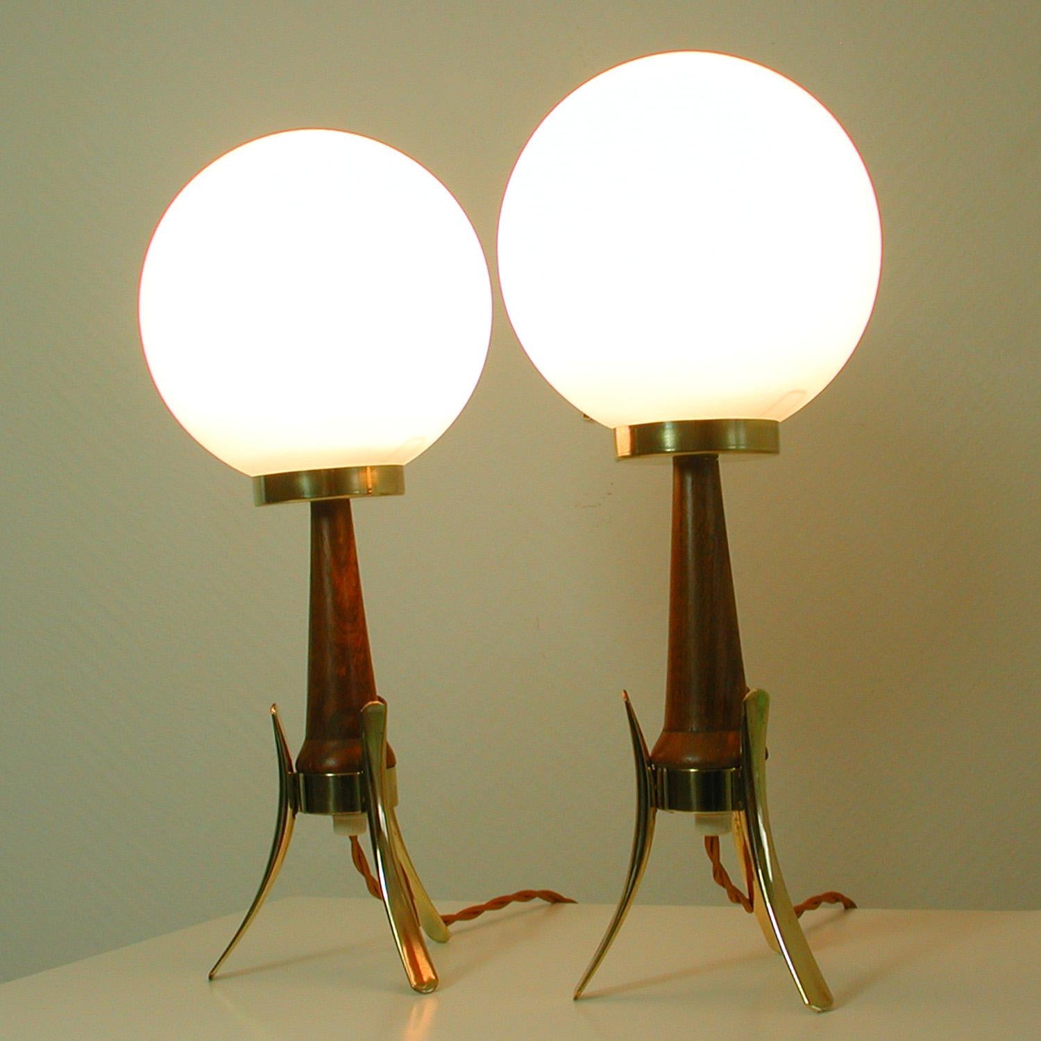 Midcentury Scandinavian Modern Teak, Brass and Opaline Table Lamps, Set of 2 8