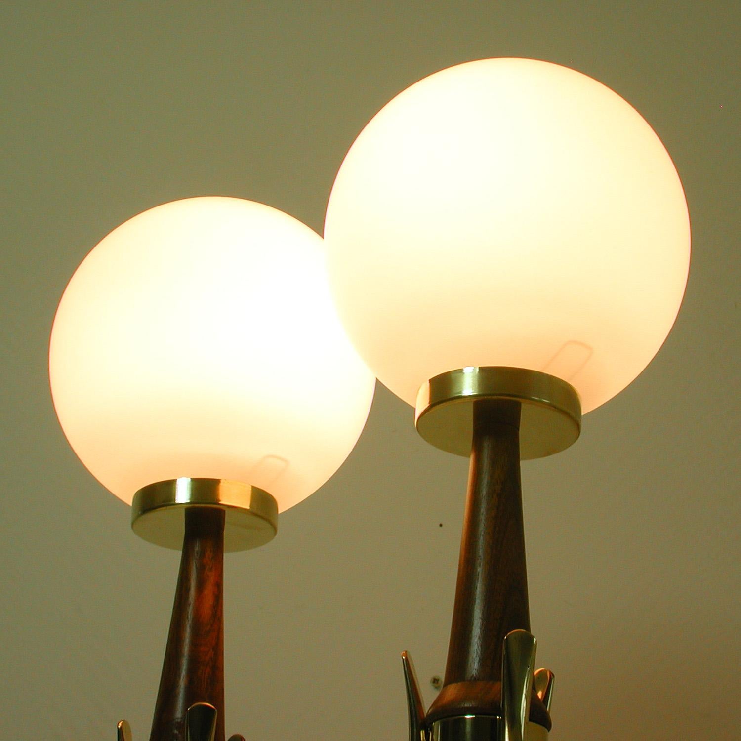 Midcentury Scandinavian Modern Teak, Brass and Opaline Table Lamps, Set of 2 9