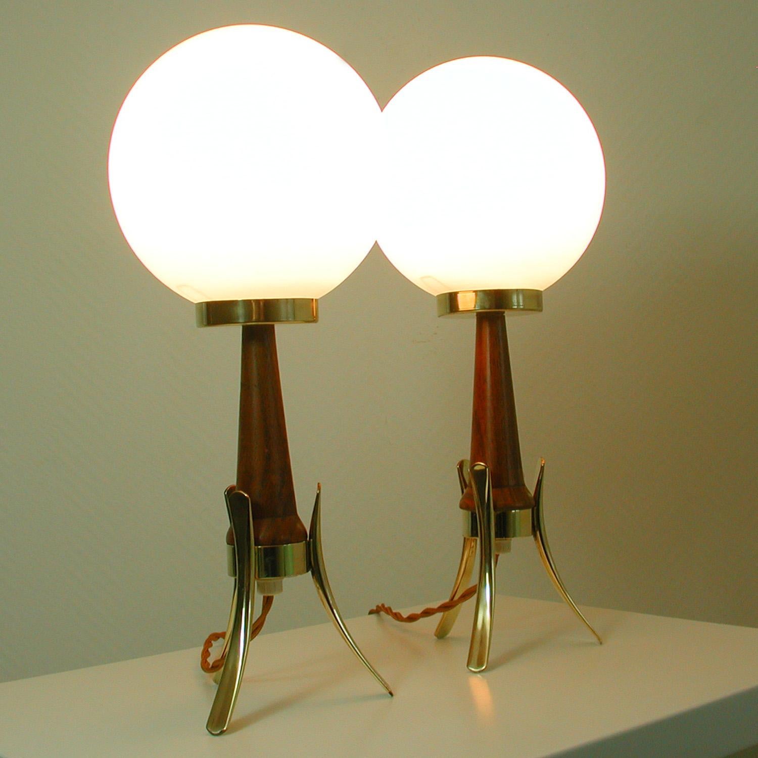 Midcentury Scandinavian Modern Teak, Brass and Opaline Table Lamps, Set of 2 10