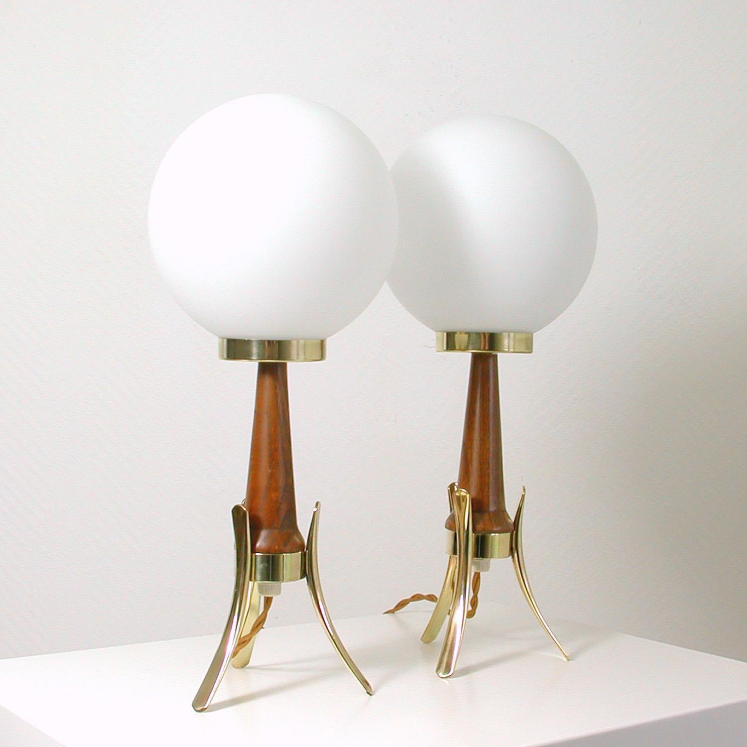 Mid-Century Modern Midcentury Scandinavian Modern Teak, Brass and Opaline Table Lamps, Set of 2