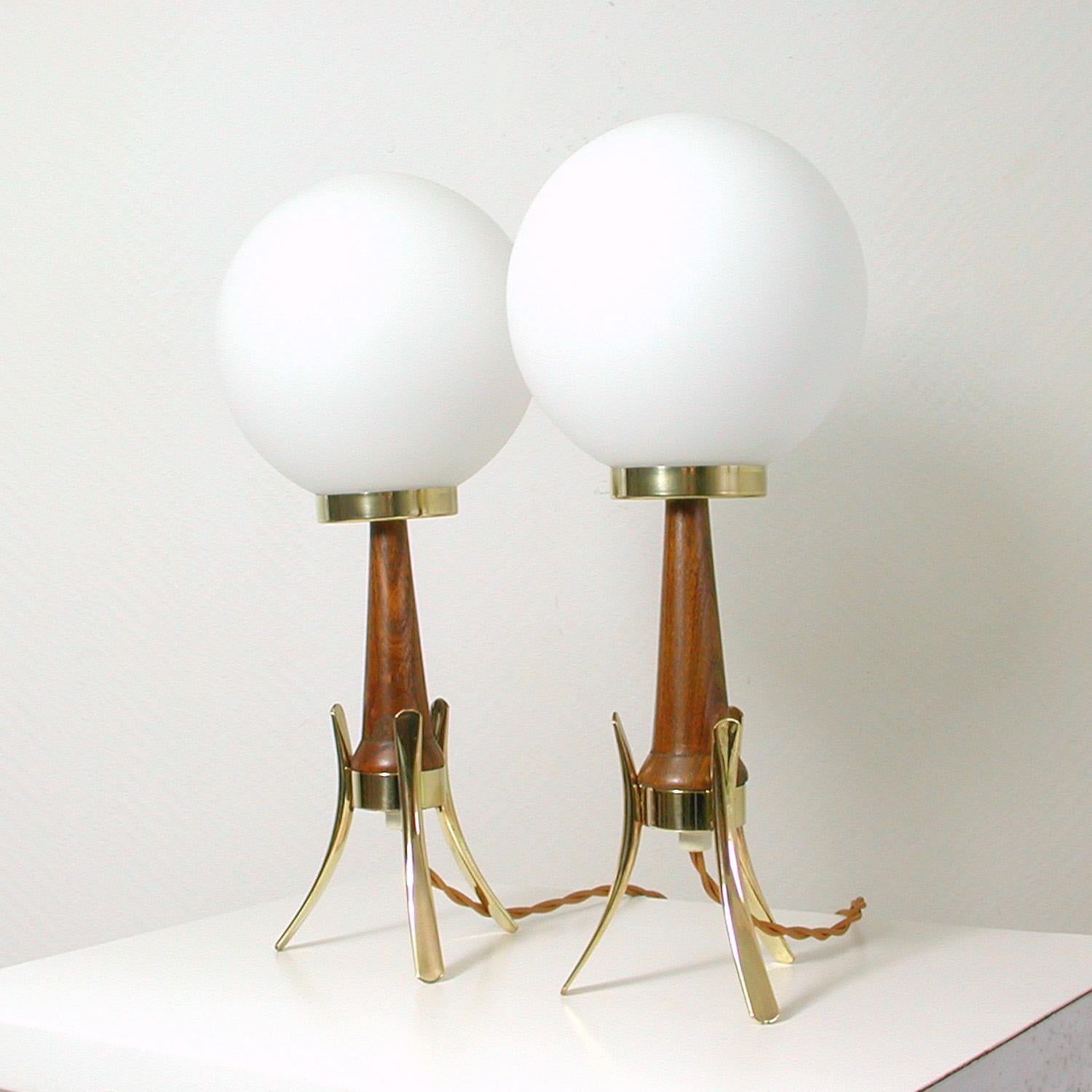 Danish Midcentury Scandinavian Modern Teak, Brass and Opaline Table Lamps, Set of 2