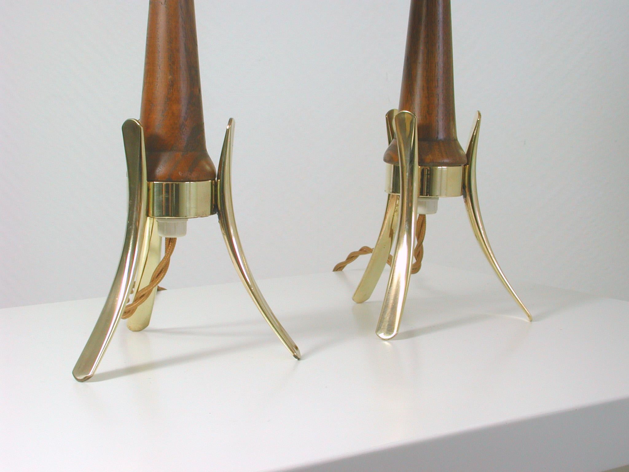 Mid-20th Century Midcentury Scandinavian Modern Teak, Brass and Opaline Table Lamps, Set of 2