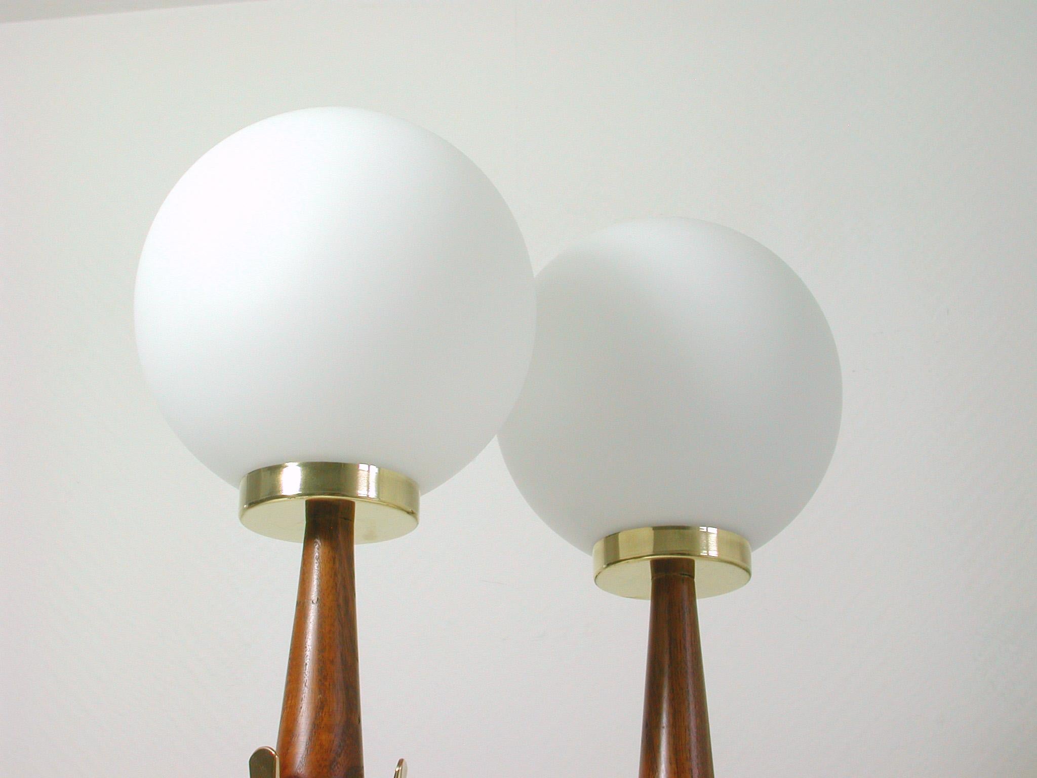 Midcentury Scandinavian Modern Teak, Brass and Opaline Table Lamps, Set of 2 1