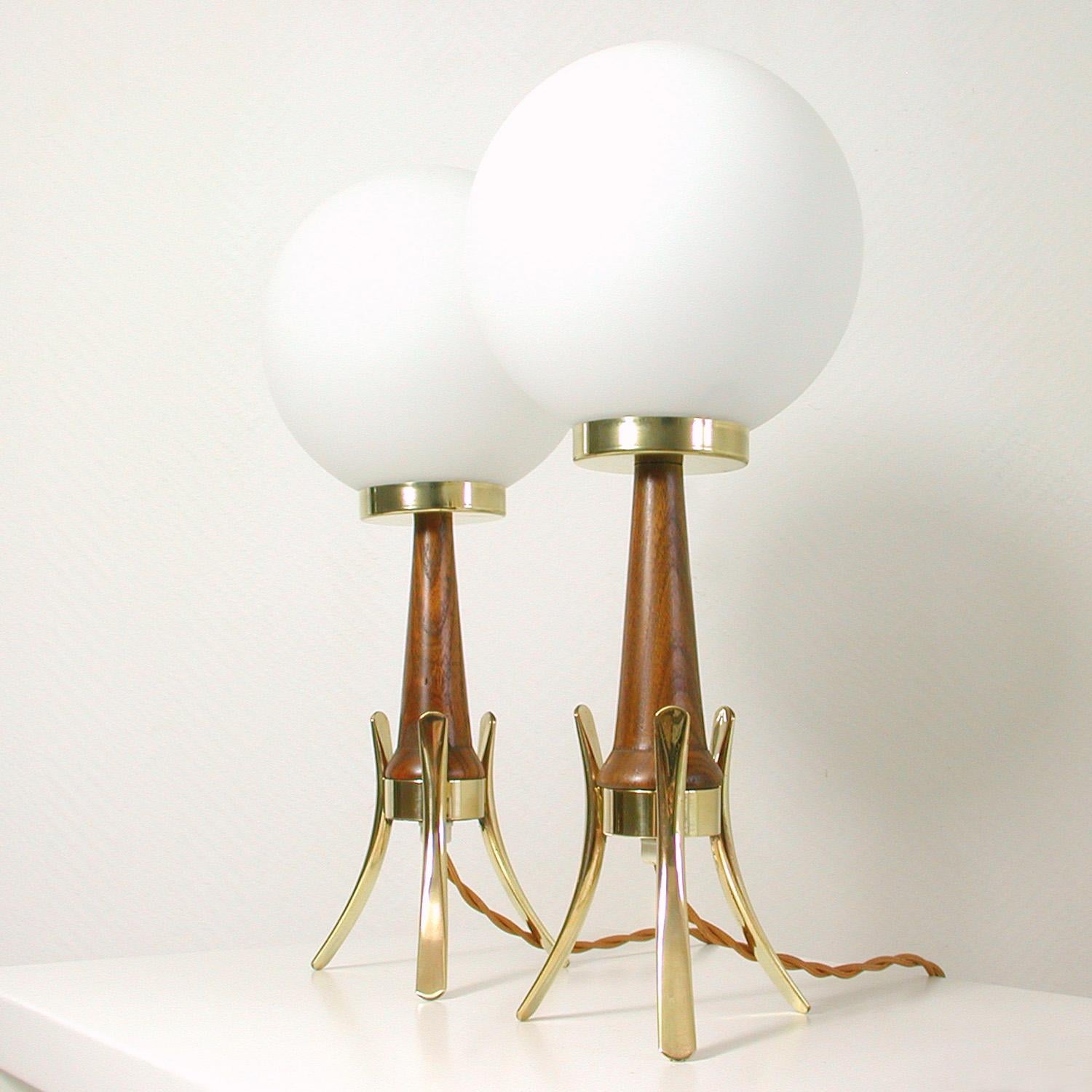 Midcentury Scandinavian Modern Teak, Brass and Opaline Table Lamps, Set of 2 2