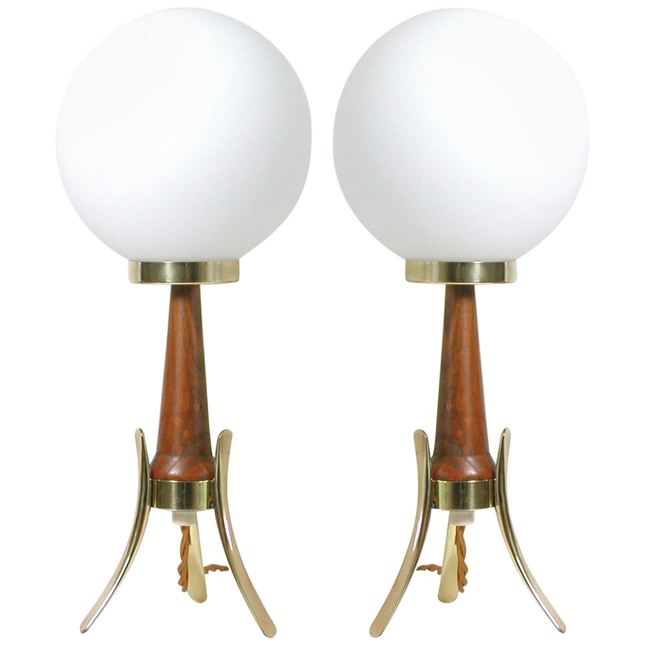 Midcentury Scandinavian Modern Teak, Brass and Opaline Table Lamps, Set of 2