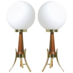 Midcentury Scandinavian Modern Teak, Brass and Opaline Table Lamps, Set of 2