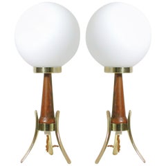 Midcentury Scandinavian Modern Teak, Brass and Opaline Table Lamps, Set of 2