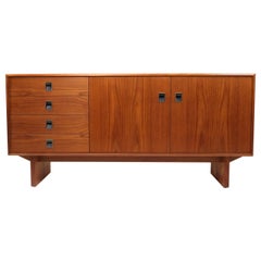 Crédence en teck de style scandinave moderne mi-siècle, petit meuble de rangement à profil bas