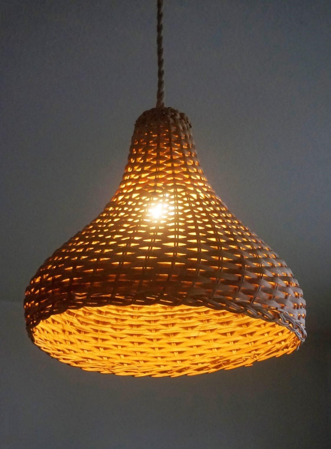 Midcentury Scandinavian Natural Rattan Woven Basket Pendant Light