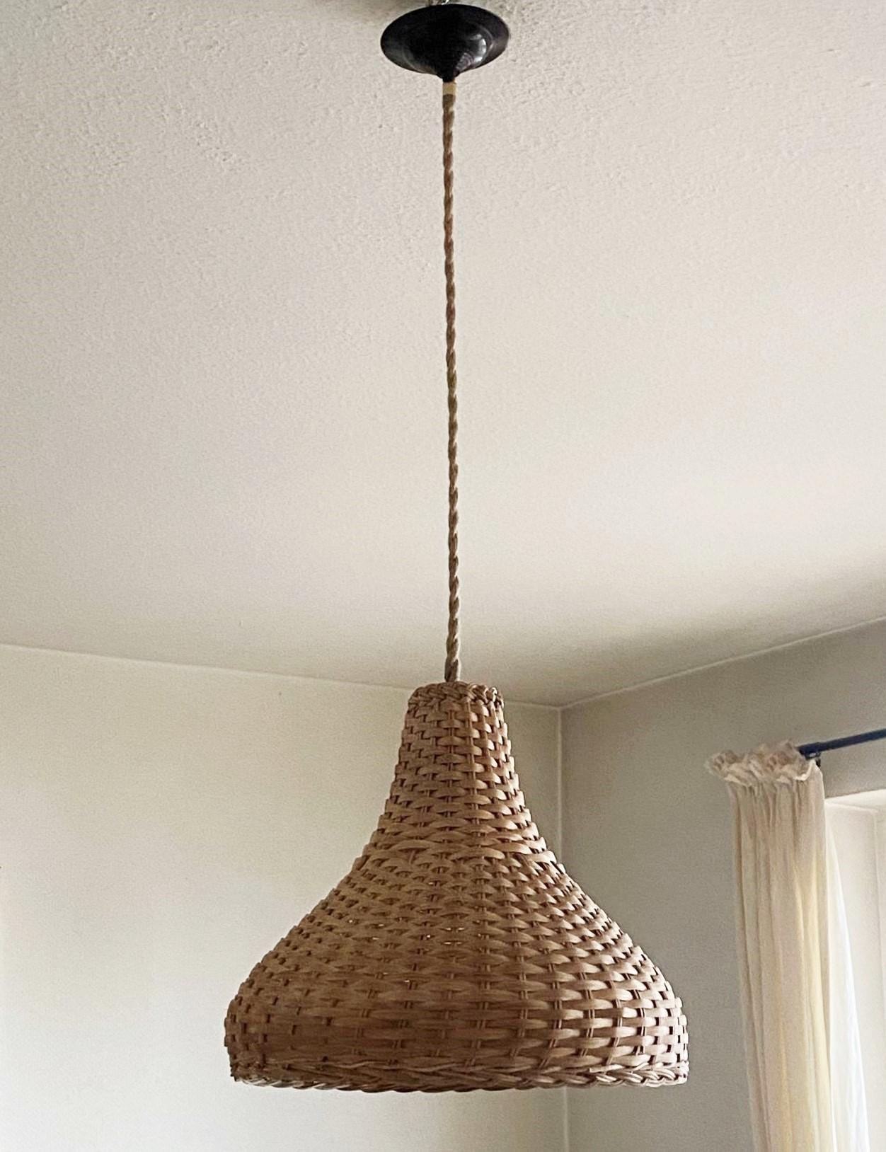 Midcentury Scandinavian Natural Rattan Woven Basket Pendant Light