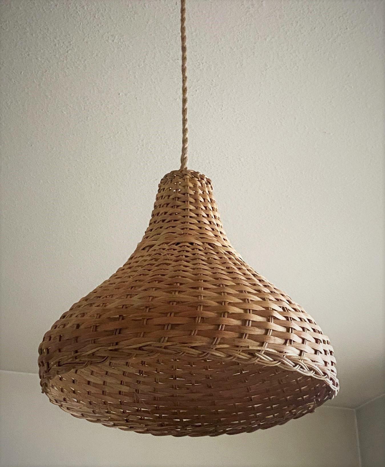 European Midcentury Scandinavian Natural Rattan Woven Basket Pendant Light, 1960s