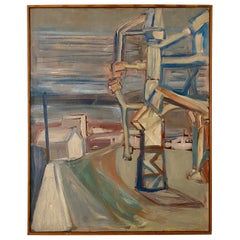 Midcentury Scandinavian Oil Painting of an Industrial Scene in Original Frame Midcentury Scandinavian Oil Painting of an Industrial Scene in Original Frame