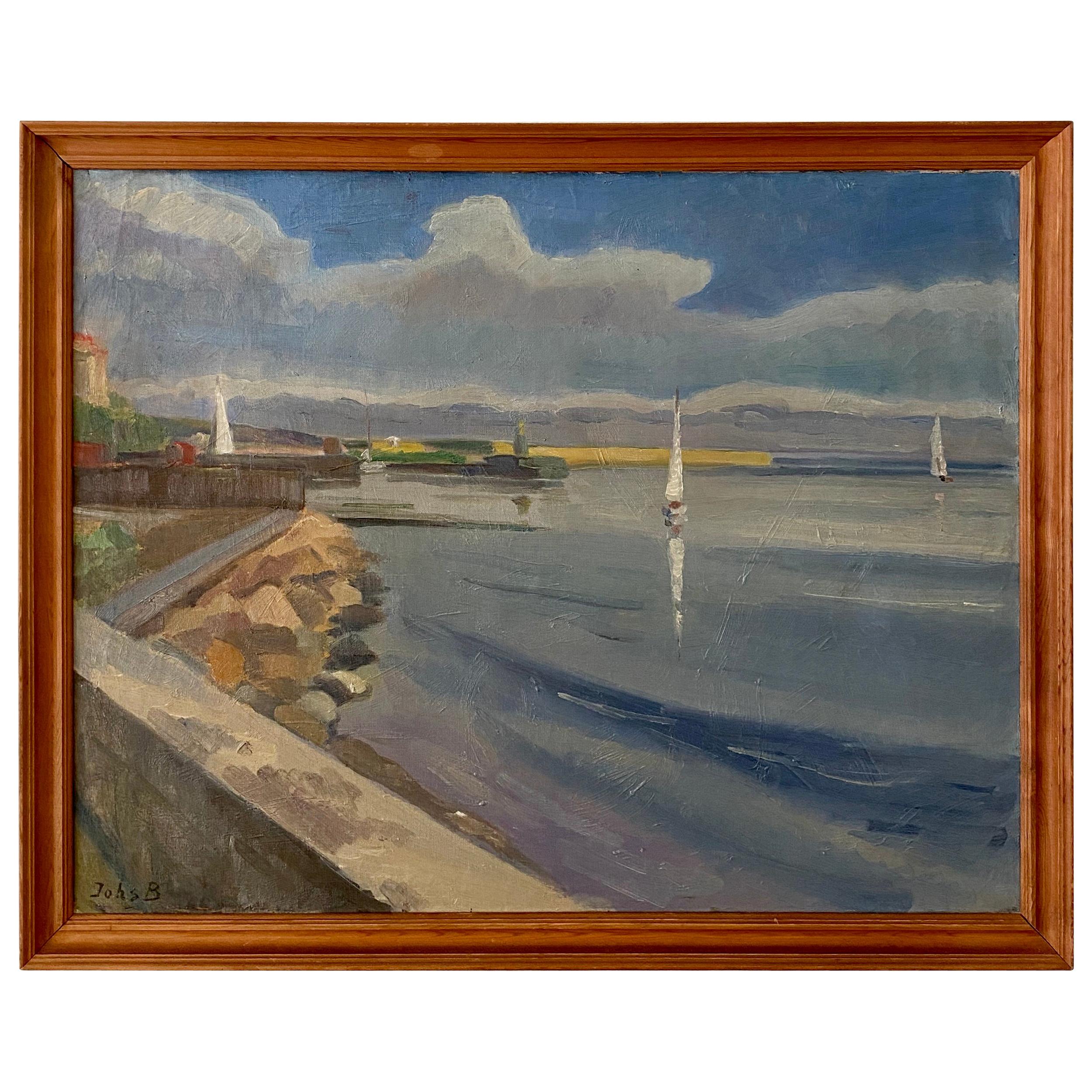 Midcentury Scandinavian Oil Painting of a Landscape in Original Frame, Denmark