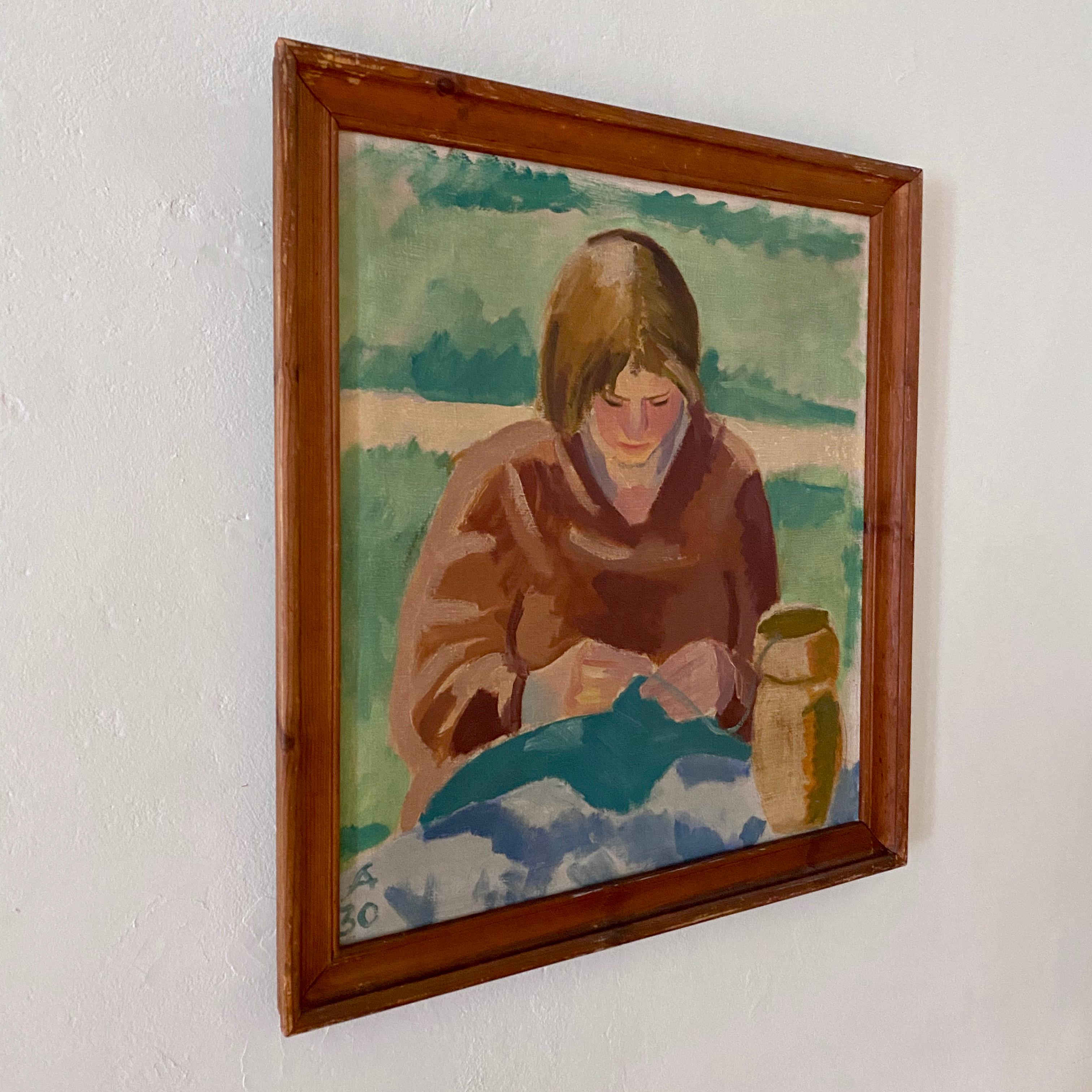 This midcentury Scandinavian oil painting of a woman working has its original frame and was painted in Denmark in the 1960s. 
A unique piece which is a great eyecatcher for your antique, modern, Space Age or midcentury interior.