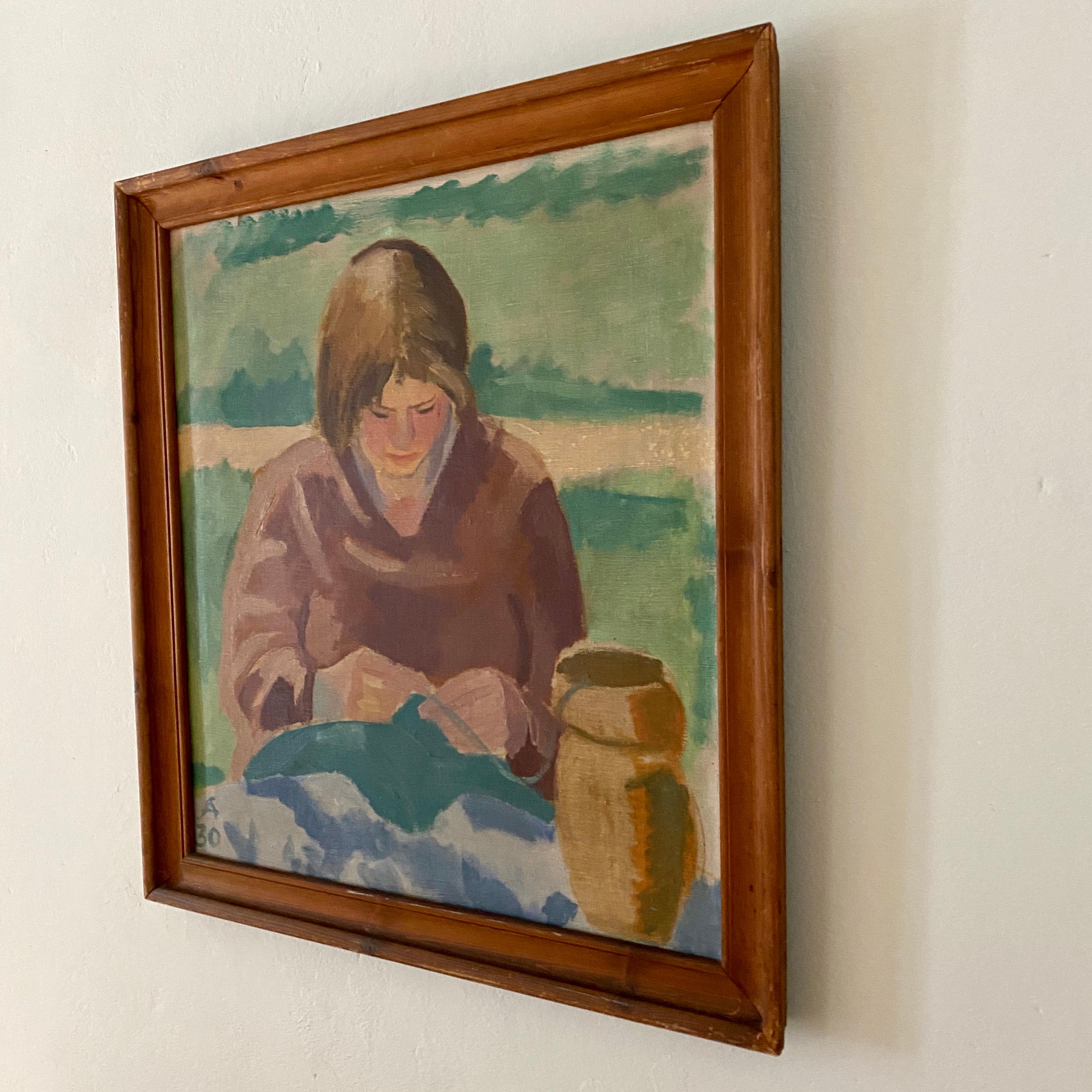 Mid-Century Modern Midcentury Scandinavian Oil Painting of a Woman in Original Frame, Denmark For Sale