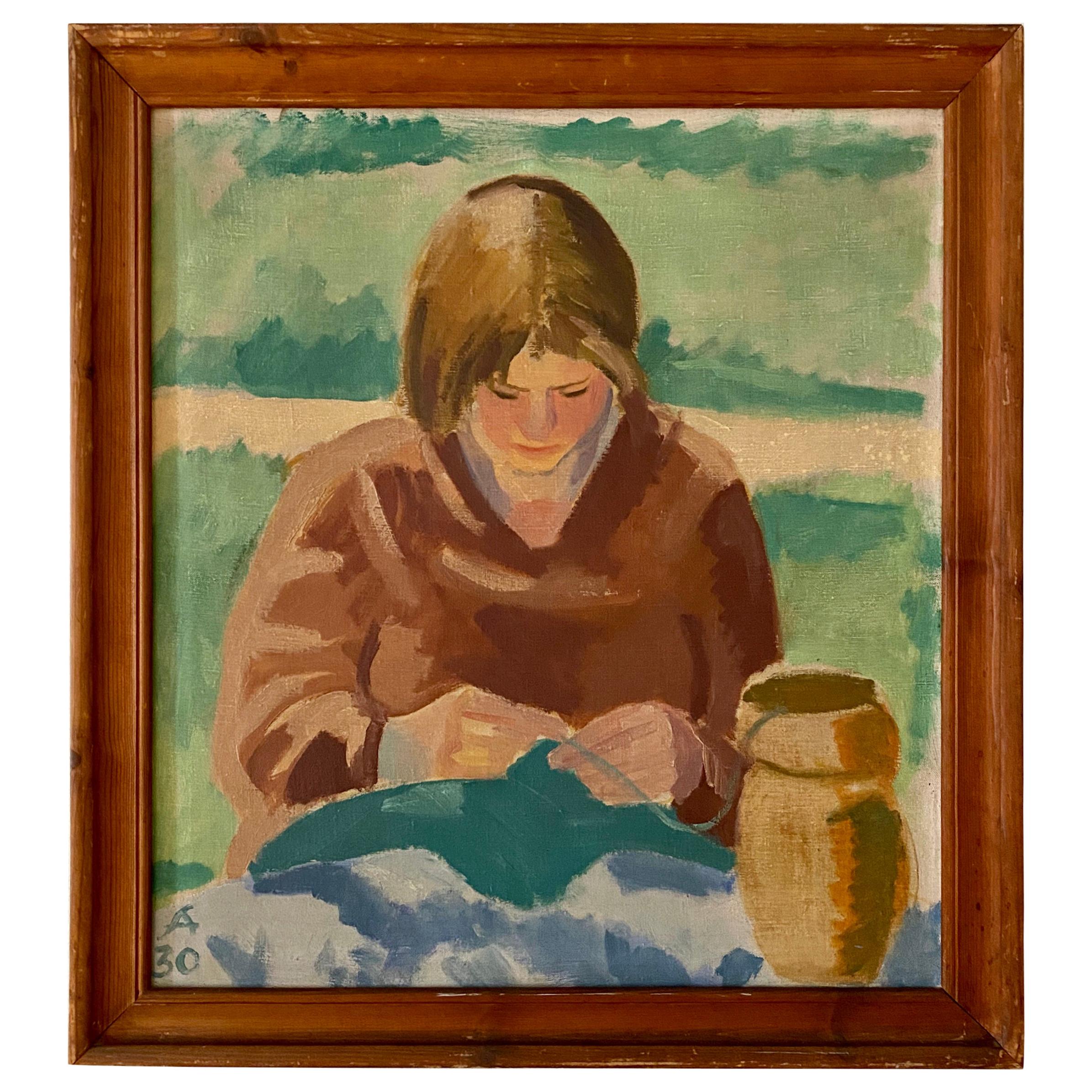 Midcentury Scandinavian Oil Painting of a Woman in Original Frame, Denmark