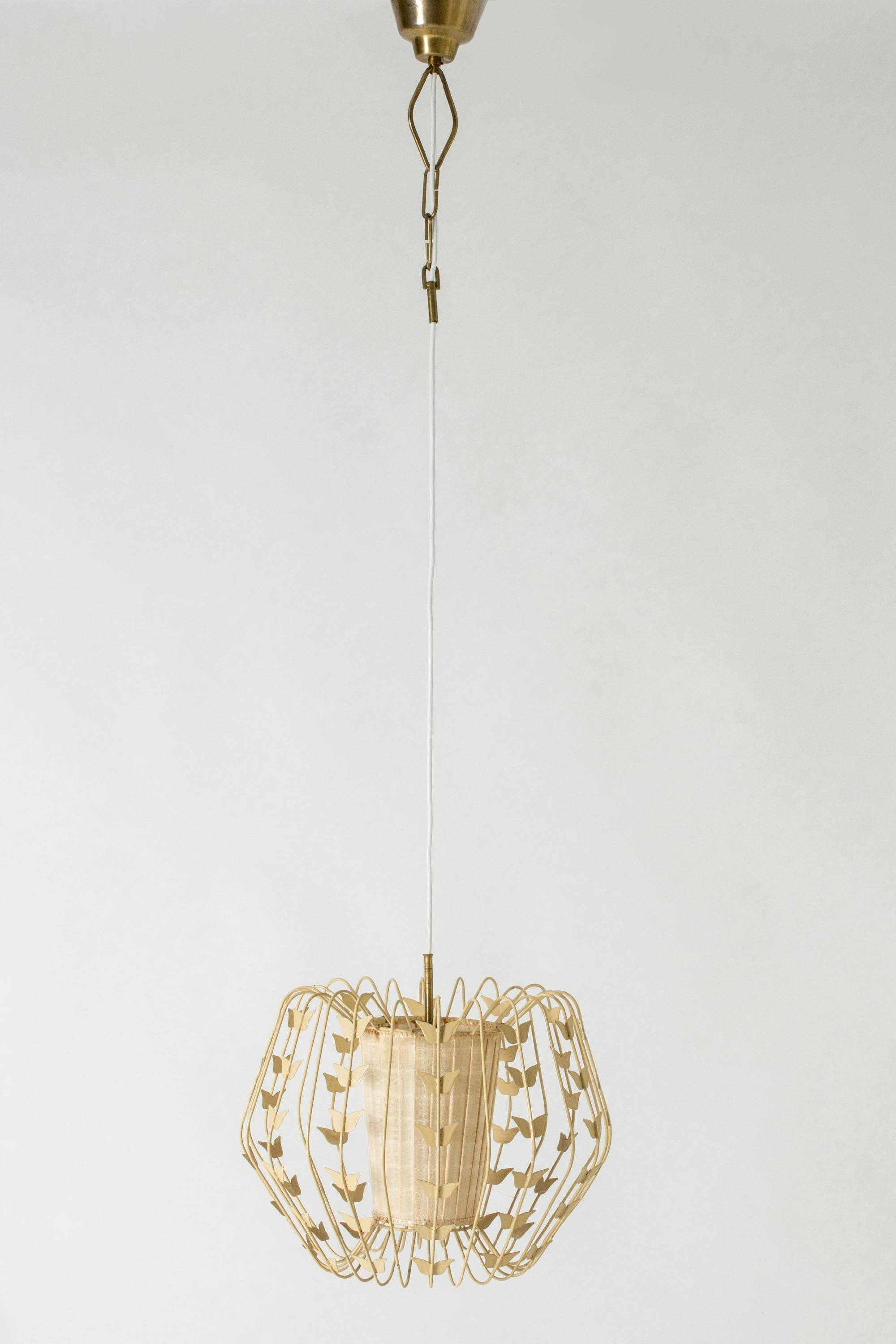 Beautiful pendant light by Hans Bergström, in a voluminous cage design. Lacquered white with decor of appliquéd butterflies. Light source shielded with original white fabric. Decorative chain detail near the ceiling cup.

Hans Bergström was the