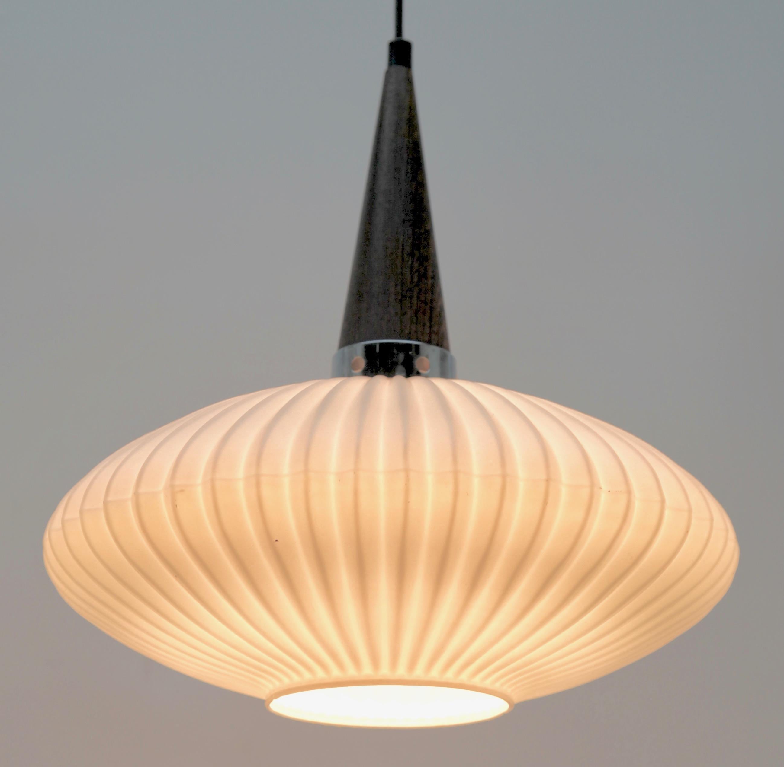 Midcentury Scandinavian Pendant Light, Wenge with Optical Opaline Shade 6