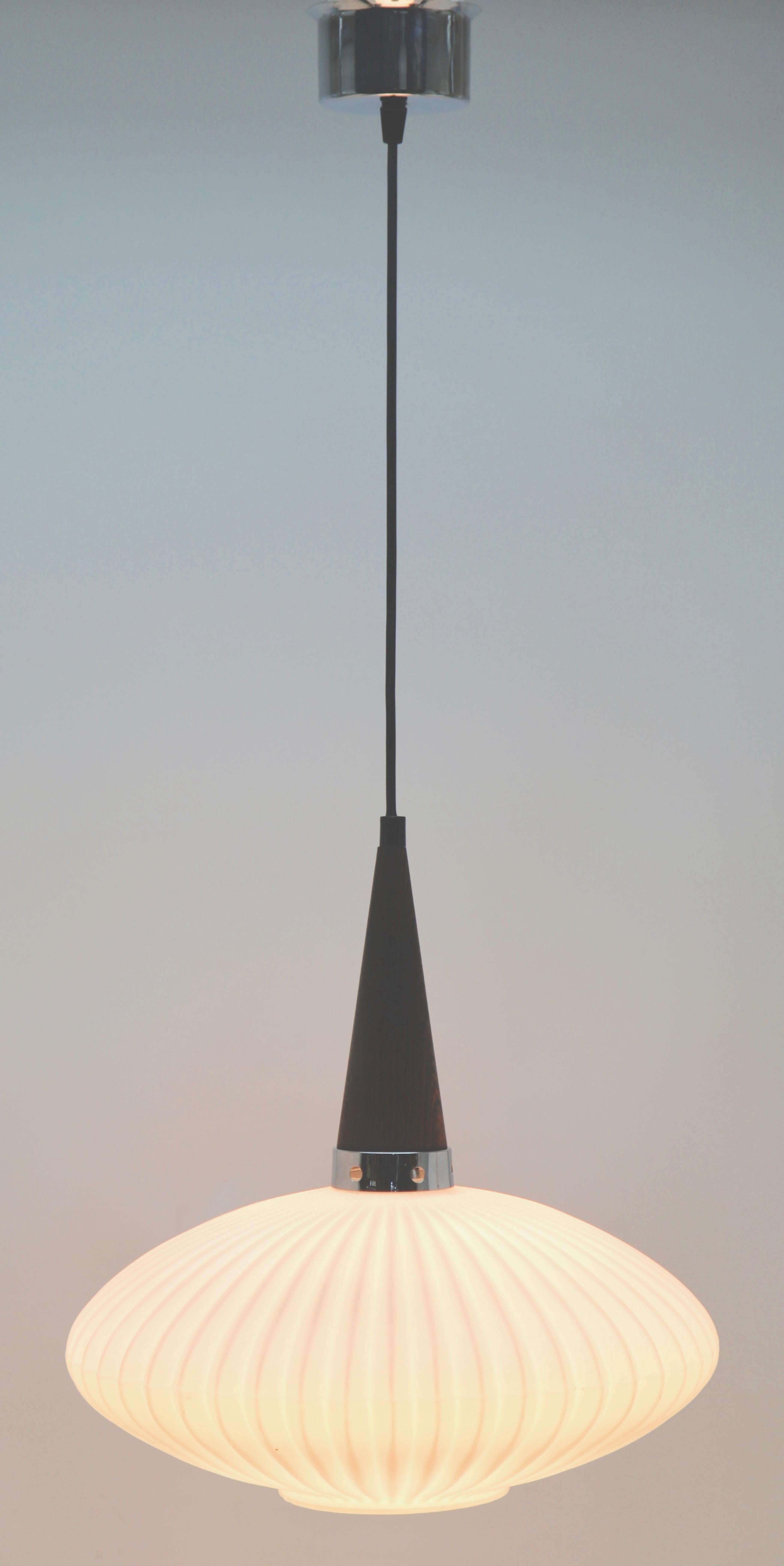 Mid-Century Modern Midcentury Scandinavian Pendant Light, Wenge with Optical Opaline Shade