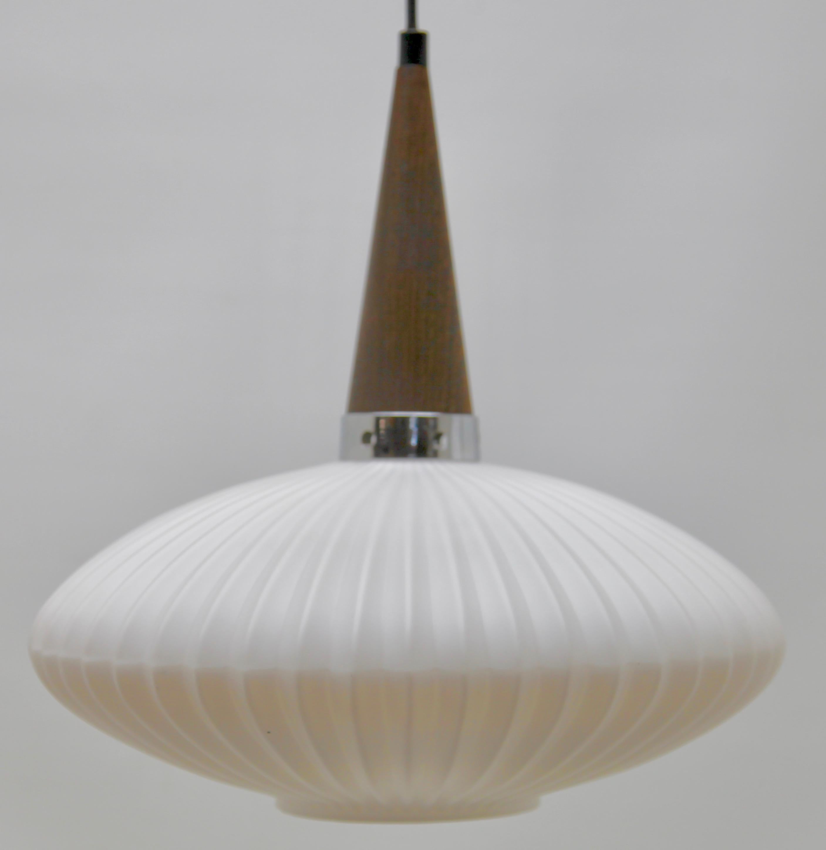 Finnish Midcentury Scandinavian Pendant Light, Wenge with Optical Opaline Shade