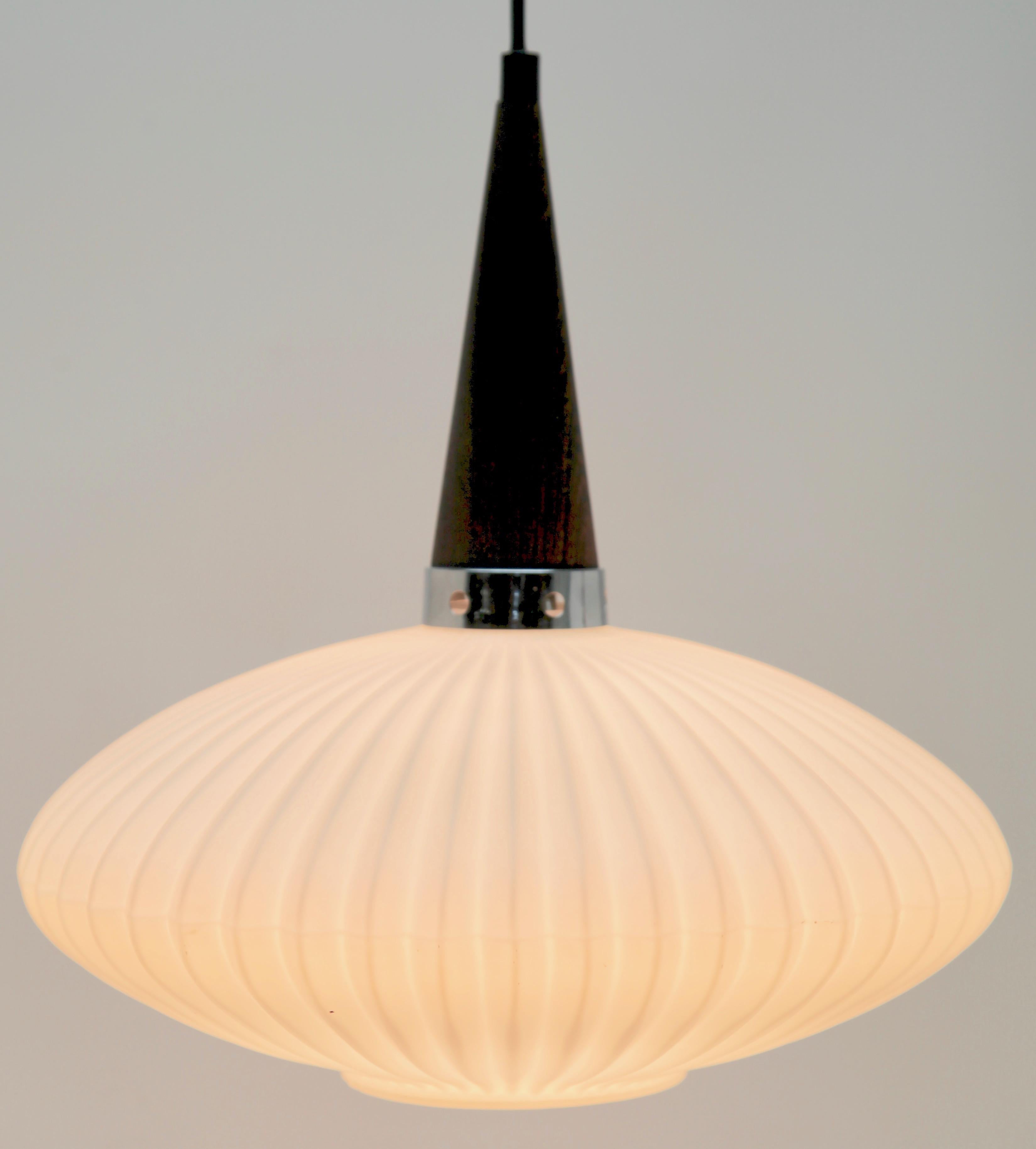 Hand-Crafted Midcentury Scandinavian Pendant Light, Wenge with Optical Opaline Shade