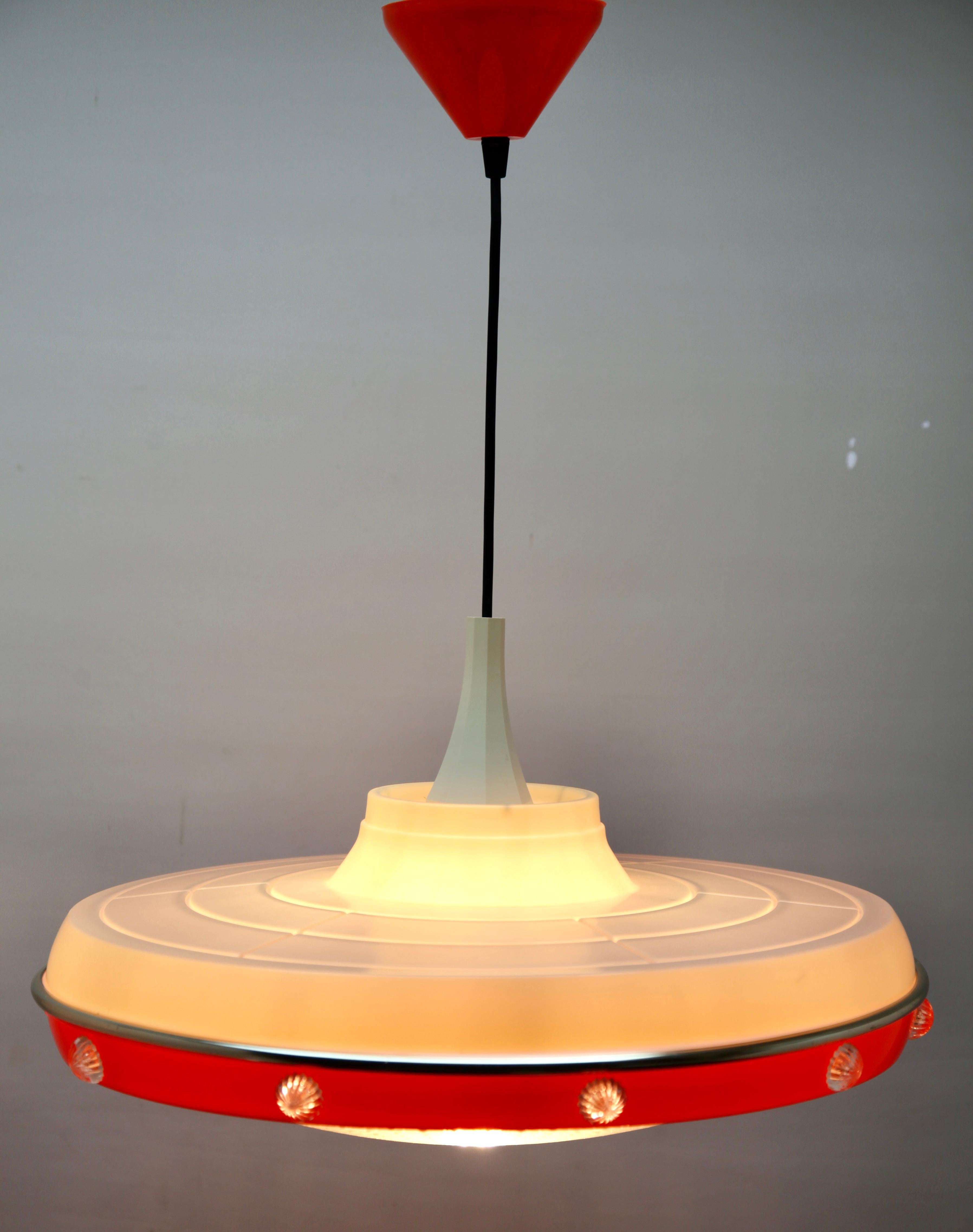 Hand-Crafted Midcentury Scandinavian Pendant Light, with Acrylic Optical Shade For Sale