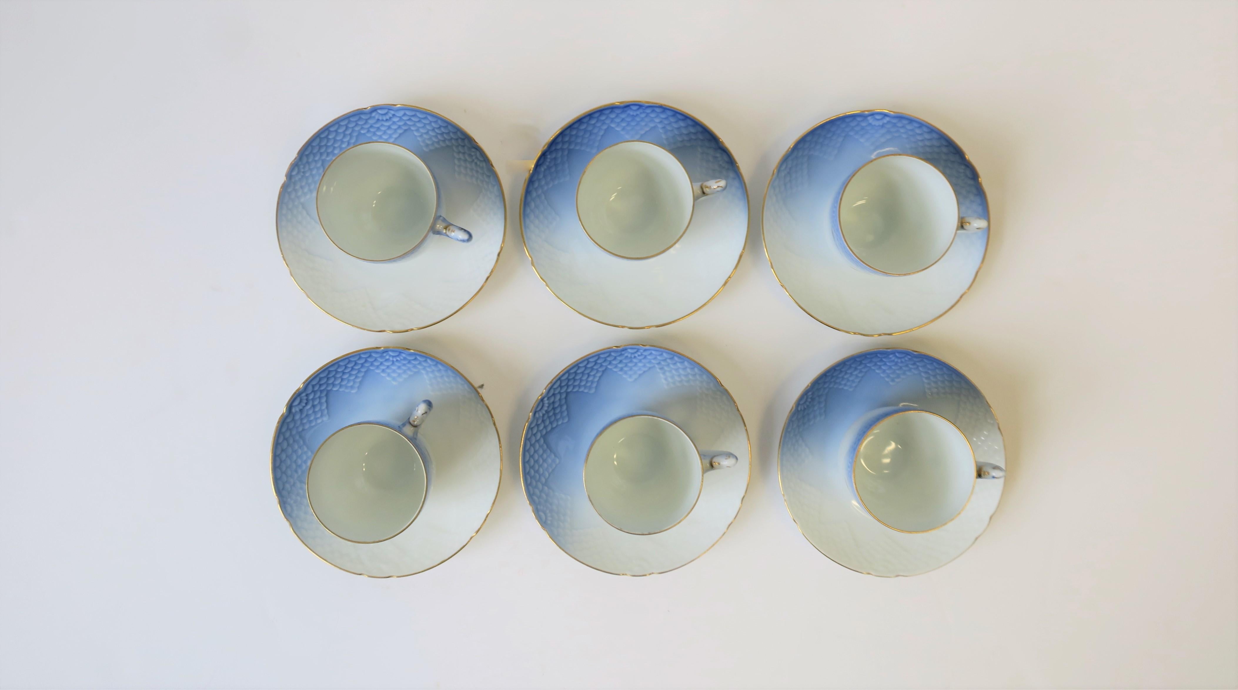 Scandinavian Modern Scandinavian Danish Blue & Whtie Porcelain Coffee Espresso Cup Saucer, Set 6 For Sale