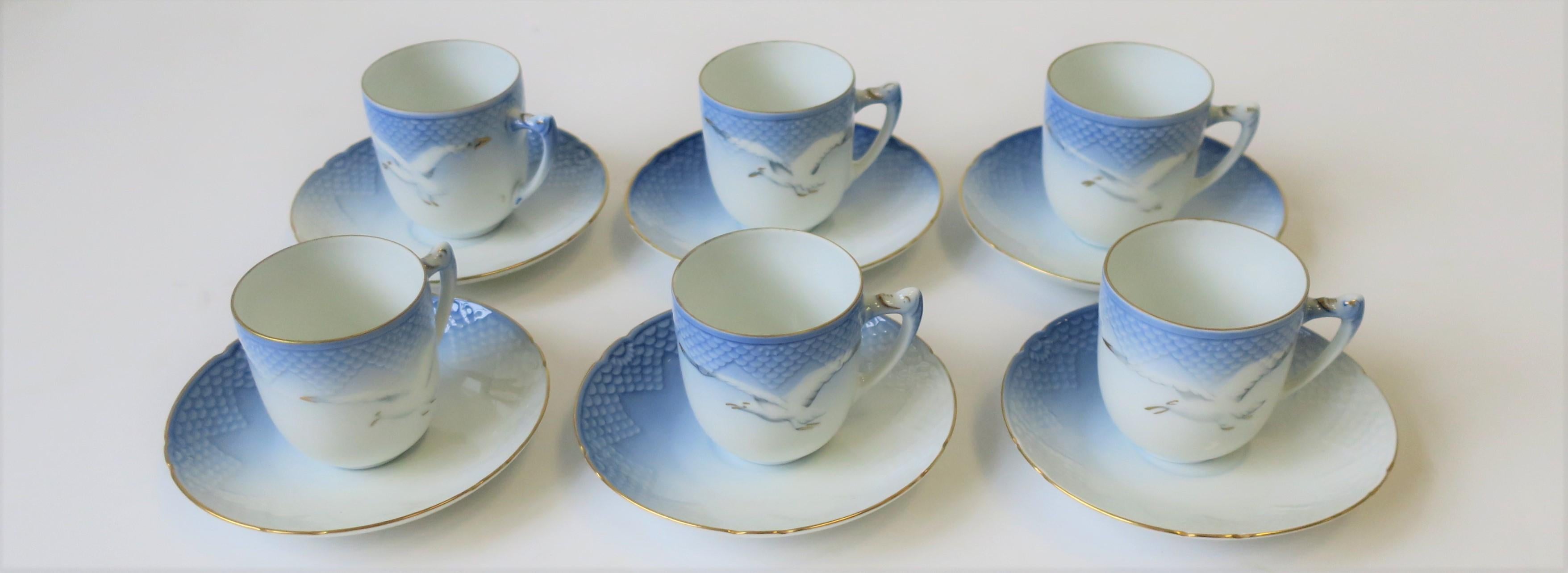 Glazed Scandinavian Danish Blue & Whtie Porcelain Coffee Espresso Cup Saucer, Set 6 For Sale