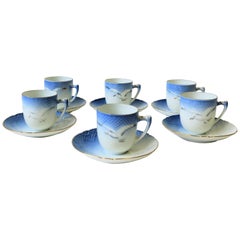 Scandinavian Danish Blue & Whtie Porcelain Coffee Espresso Cup Saucer, Set 6