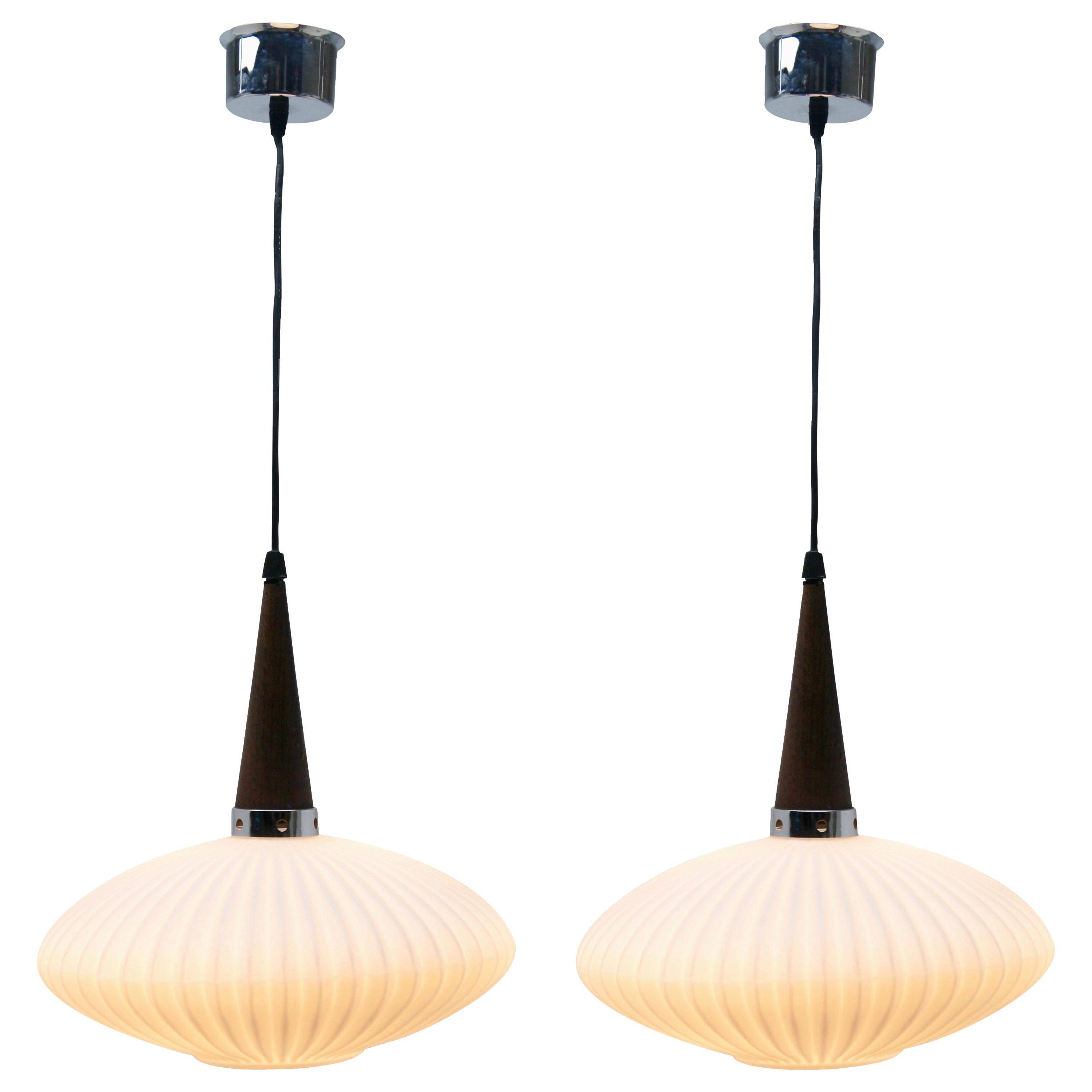 Midcentury Scandinavian Set of Pendant Lights, Wenge with Optical Opaline Shade