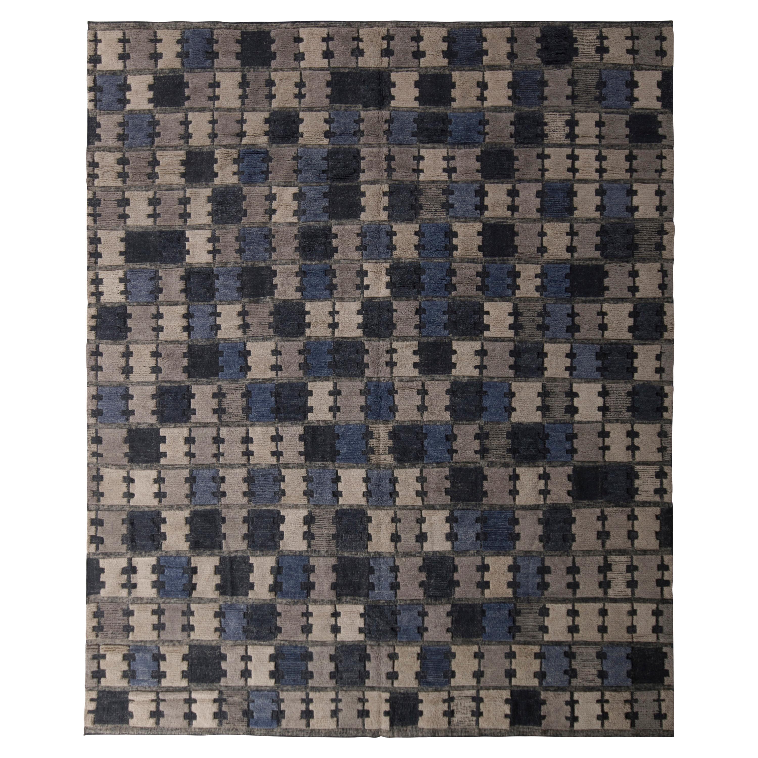 Midcentury Scandinavian Style Silver-Gray Blue Geometric Pattern by Rug & Kilim