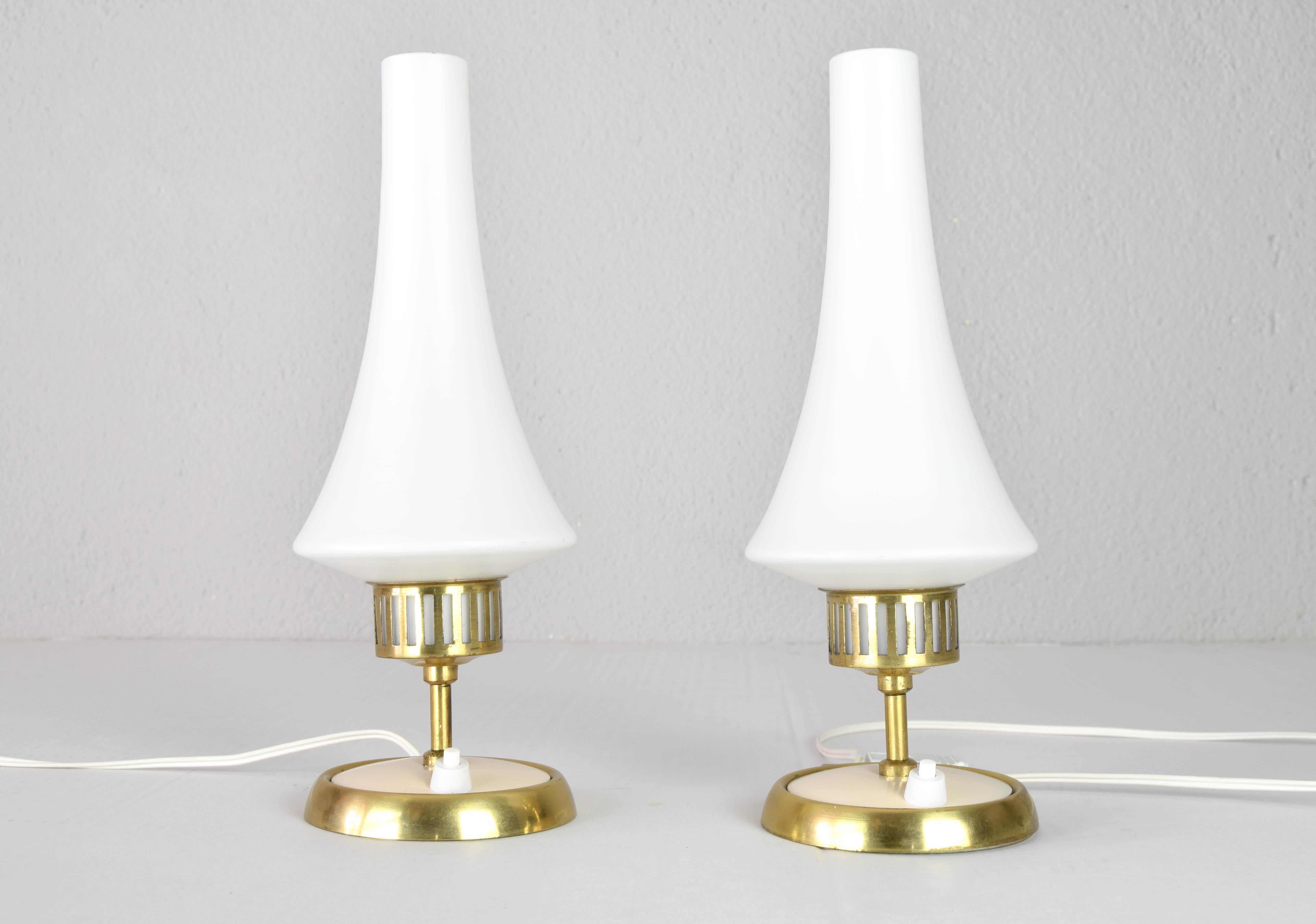 Swedish MidCentury Scandinavian Sweden Modern Brass and Opaline Table Lamps Kaiser Style For Sale