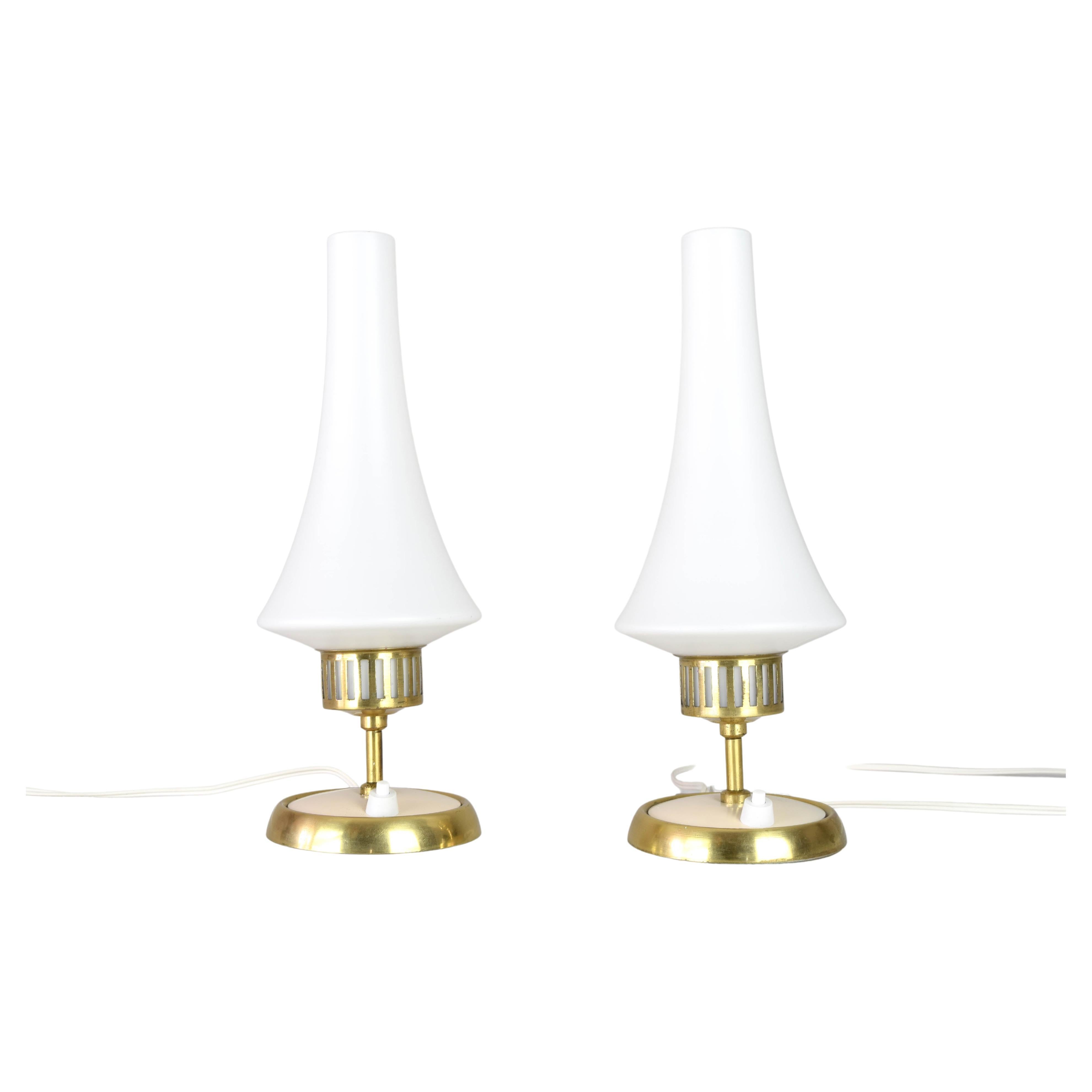 MidCentury Scandinavian Sweden Modern Brass and Opaline Table Lamps Kaiser Style For Sale
